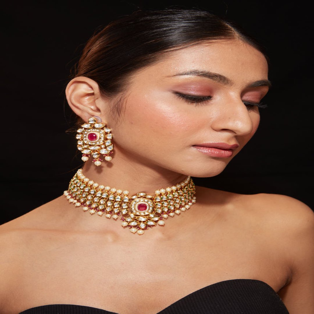 Gold Plated Kundan Studded With Pearl Choker Necklace & Dangle Earrings Set-VN413