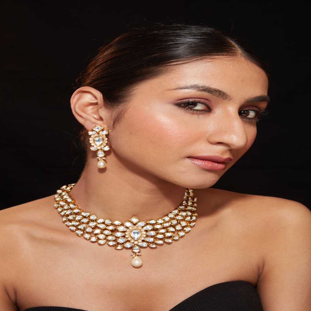 Gold Plated Kundan Polki Studded Choker Necklace & Dangle Earrings Set-VN414