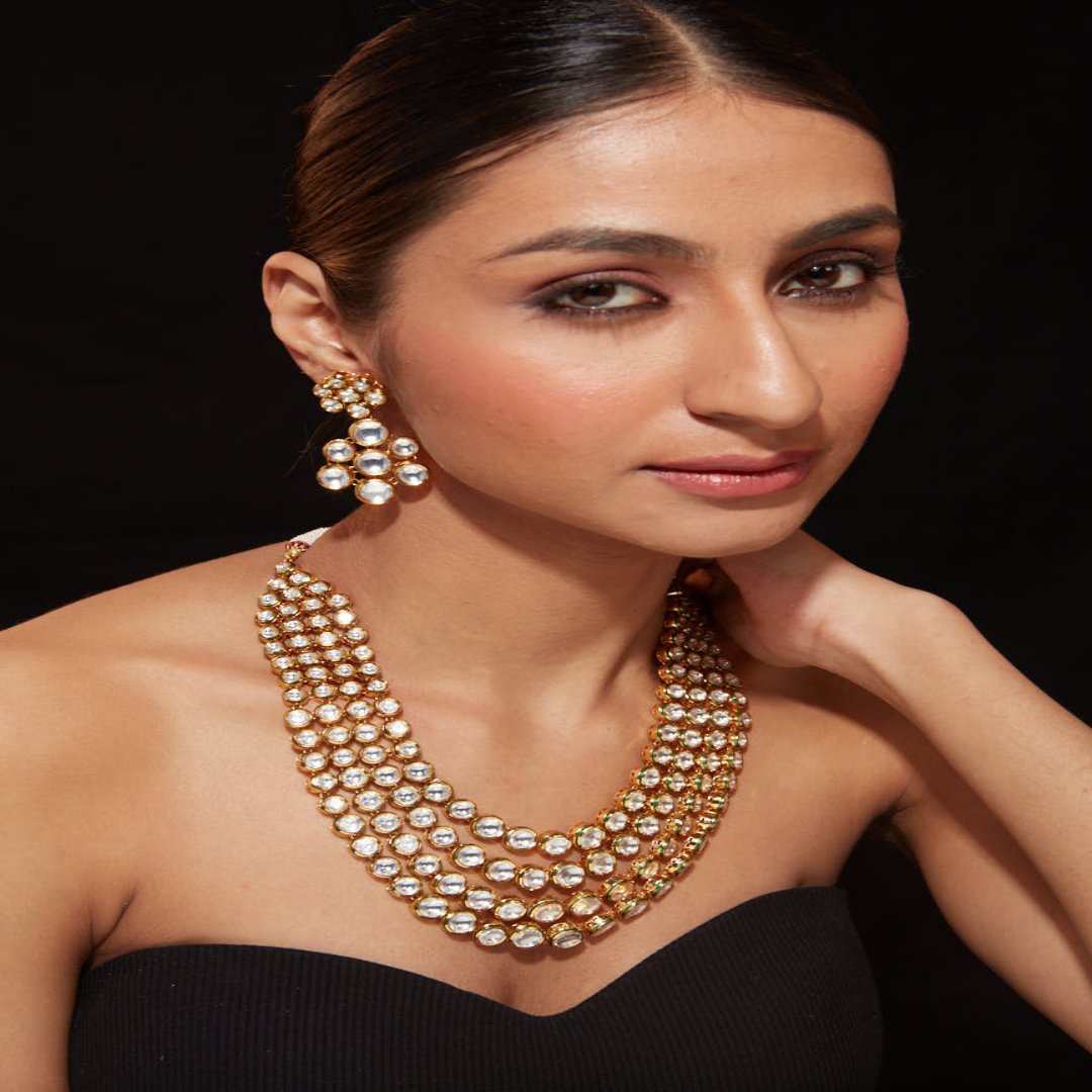 Gold Plated Kundan Studded Multi Layered Necklace & Dangle Earrings Set- VN415