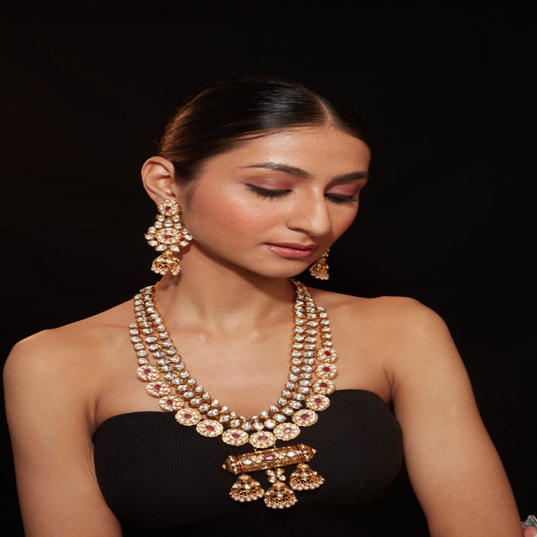 Gold Plated Kundan Polki Long Necklace & Dangle Earrings Set-VN418