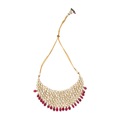 Gold Plated Kundan With Red Beads Drop Choker Necklace - VN419