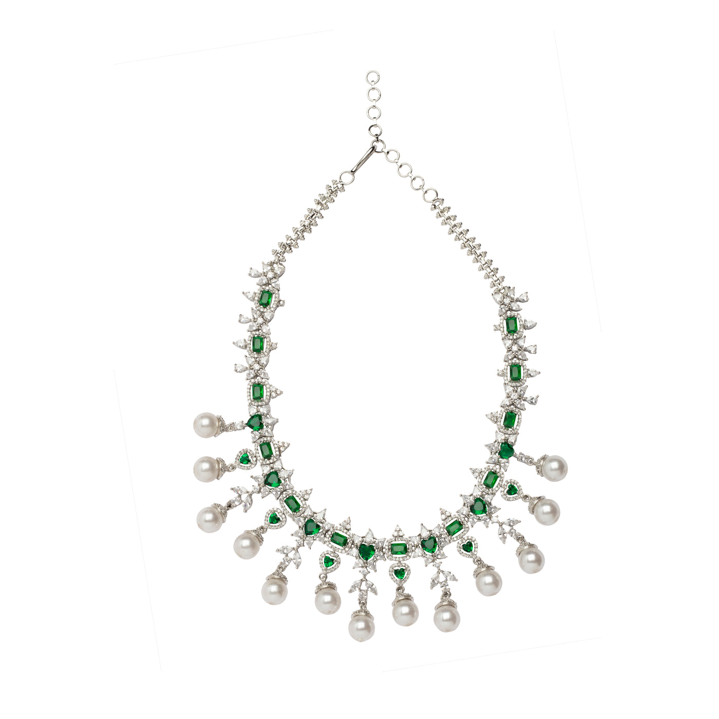 Rhodium Plated Synthetic Emerald With Pearl Drop Choker Necklace & Dangle Earrings Set - VN420