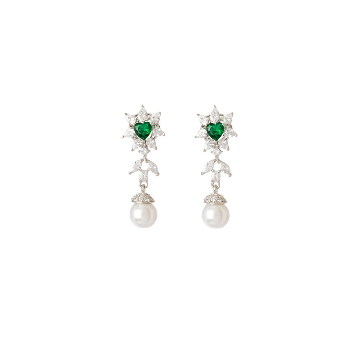 Rhodium Plated Synthetic Emerald With Pearl Drop Choker Necklace & Dangle Earrings Set - VN420