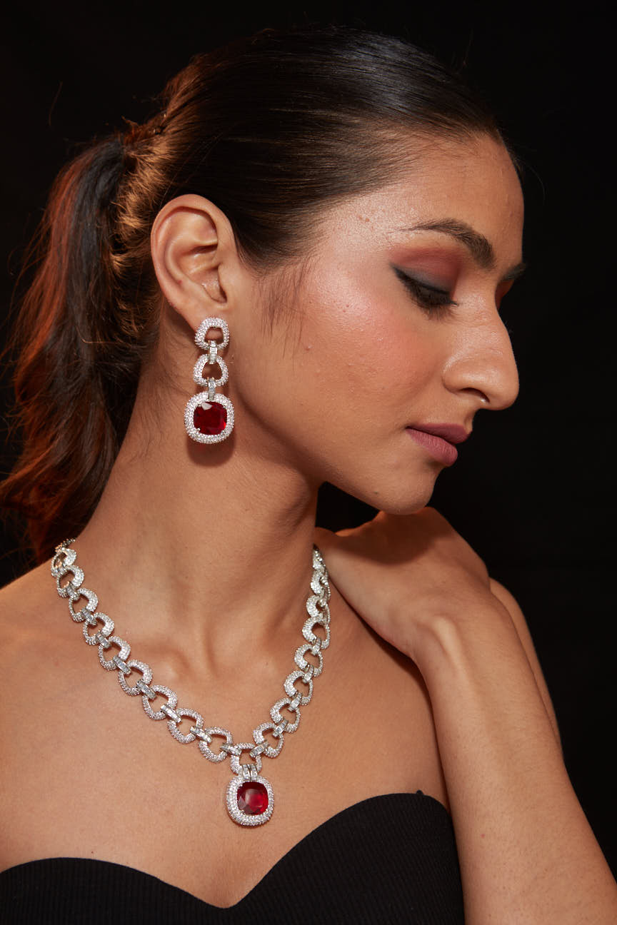 Rhodium Plated Zircon Studded With Red Synthetic Stone Pendant Necklace & Drop Earrings Set - VN422