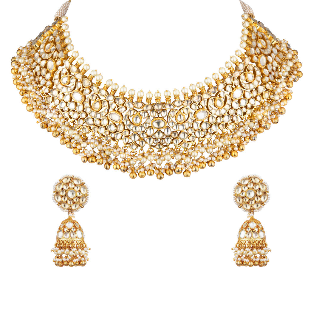 Gold Plated Kundan Polki with Golden Beads Drop Choker Necklace & Jhumka Earrings Set - VN522