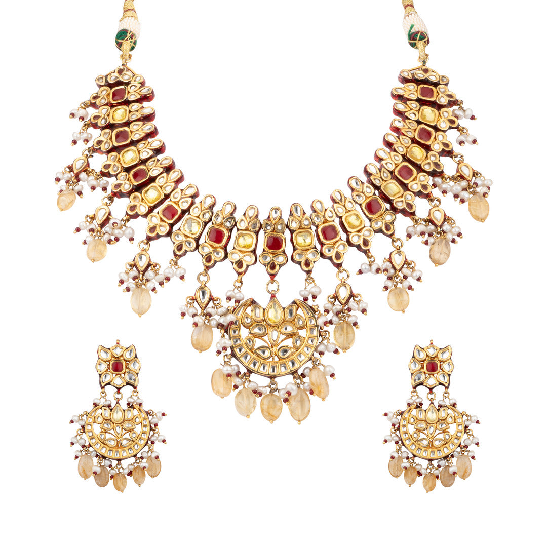 Gold Plated Kundan Polki with Synthetic Stone Choker Necklace & Dangler Earrings Set - VN575