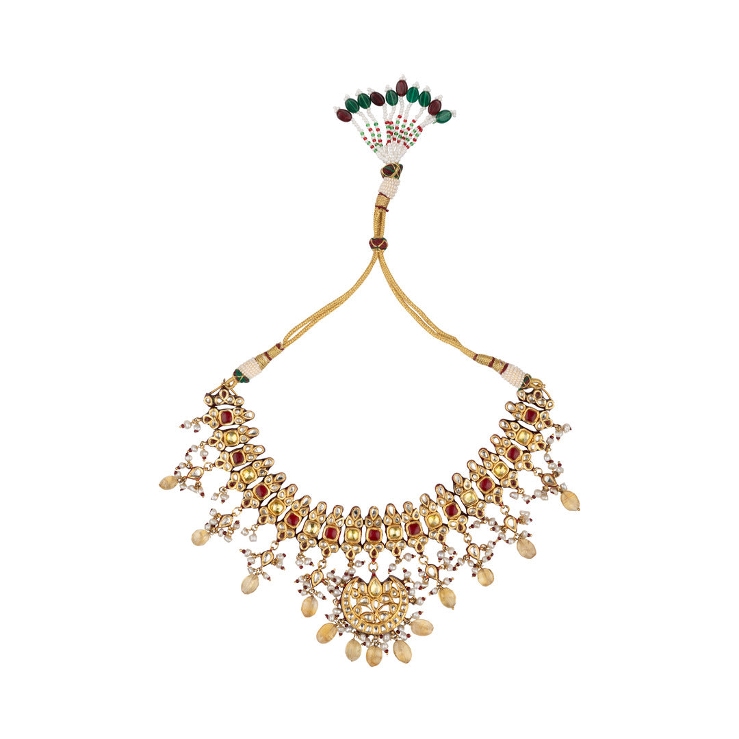 Gold Plated Kundan Polki with Synthetic Stone Choker Necklace & Dangler Earrings Set - VN575