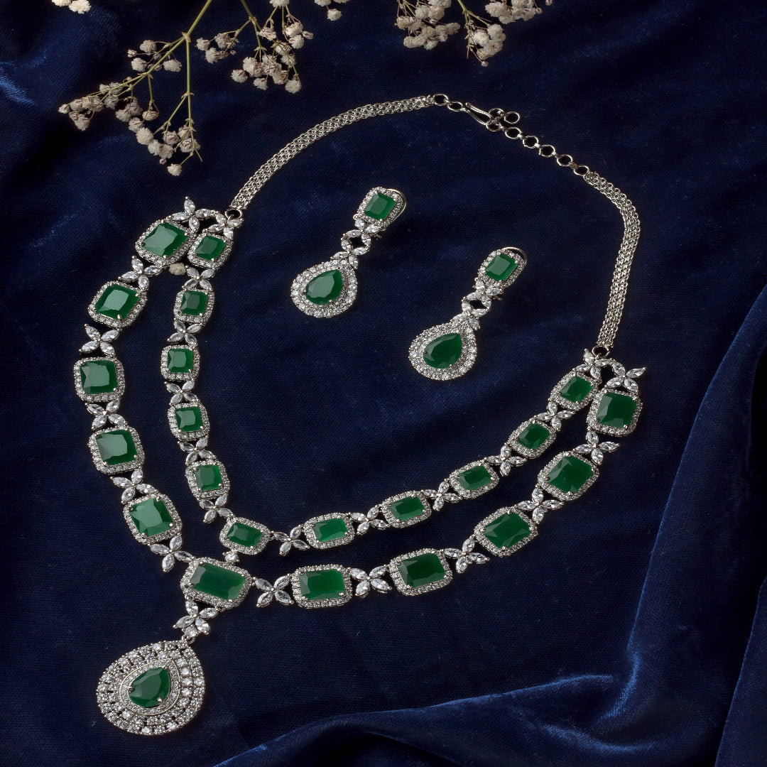 Vivinia By Vidhi Mehra Silver Plated Green Womens Short Necklace Set with Pair of Earrings - VN584