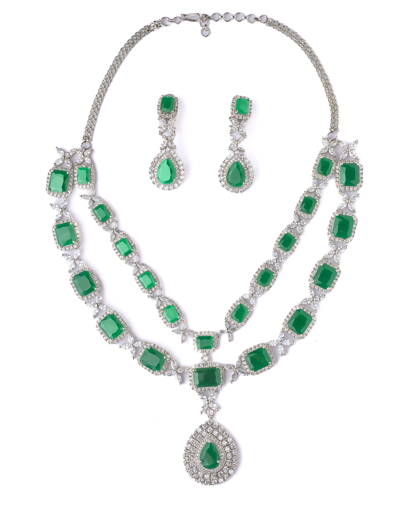 Vivinia By Vidhi Mehra Silver Plated Green Womens Short Necklace Set with Pair of Earrings - VN584