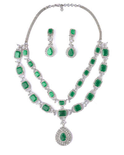 Vivinia By Vidhi Mehra Silver Plated Green Womens Short Necklace Set with Pair of Earrings - VN584