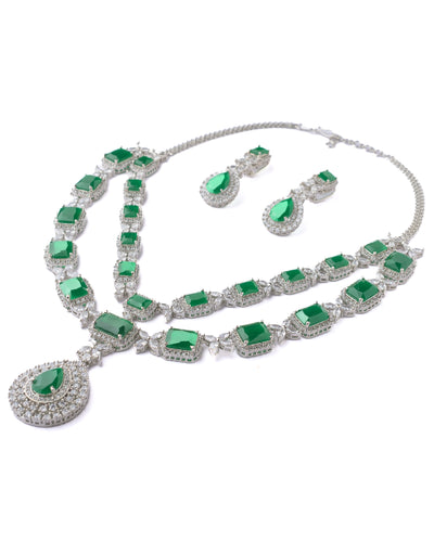 Vivinia By Vidhi Mehra Silver Plated Green Womens Short Necklace Set with Pair of Earrings - VN584