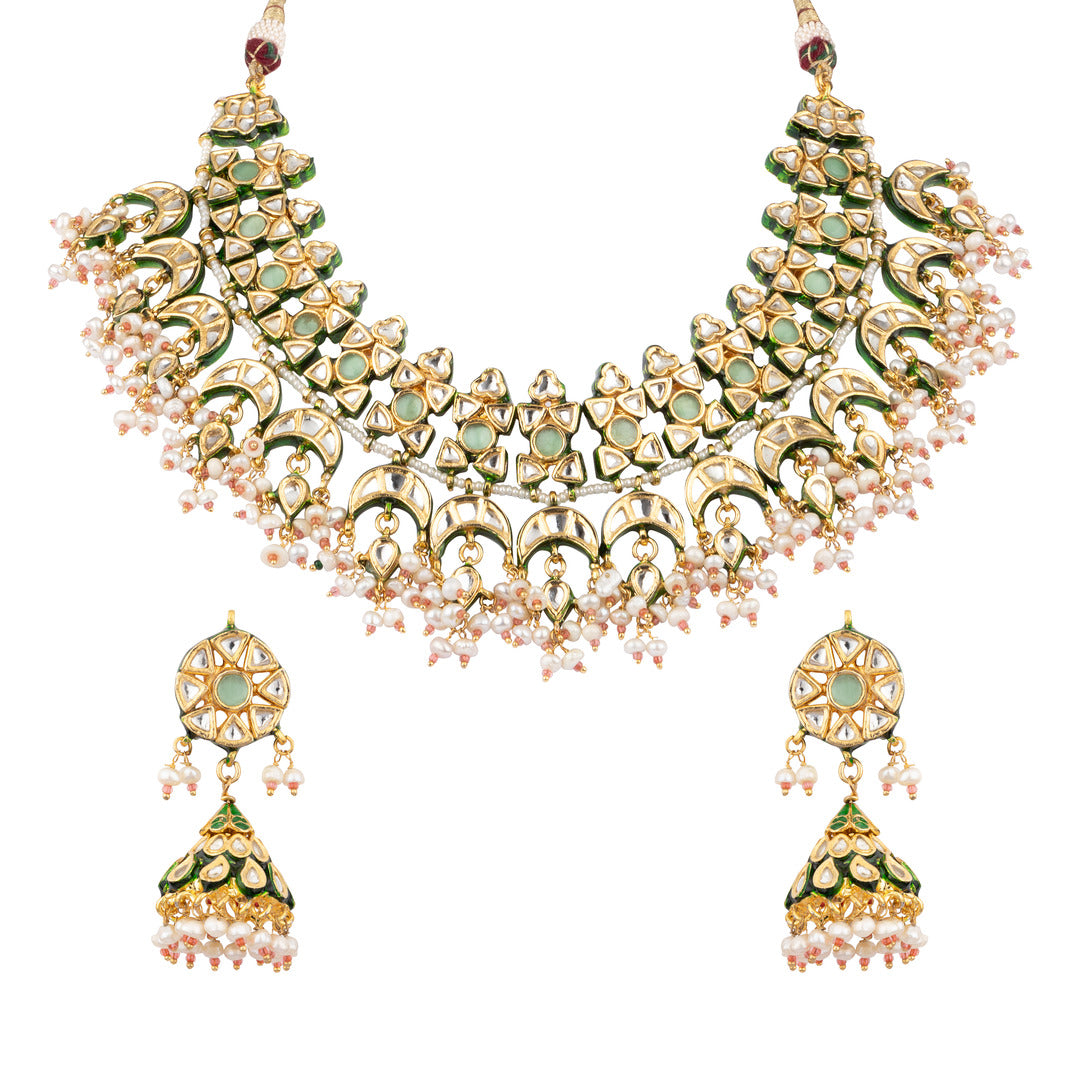 Gold Plated Meenakari Kundan with Beads Drop Choker Necklace & Jhumka Earrings Set - VN605