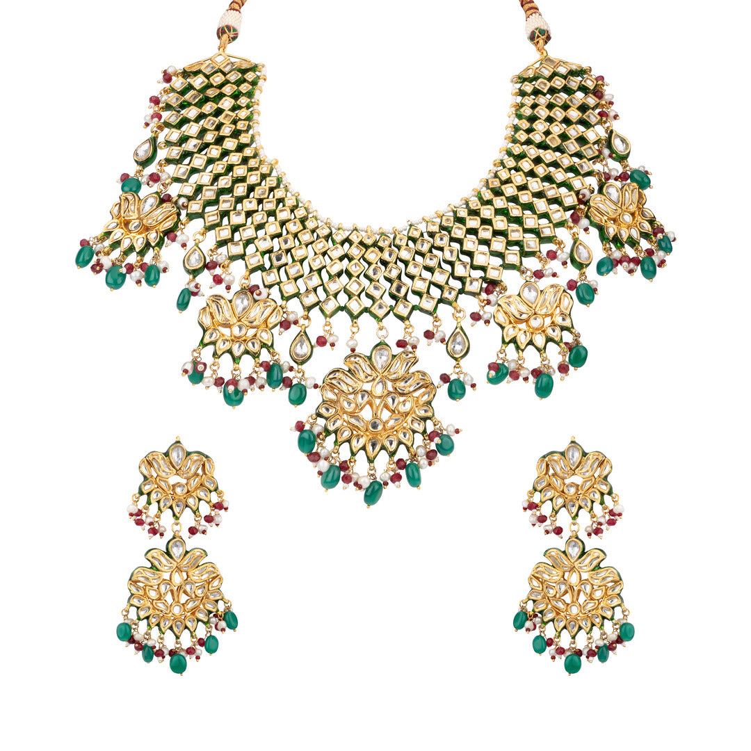 Gold Plated Meenakari Kundan with Bead Pendant Choker Necklace & Dangler Earrings Set - VN705