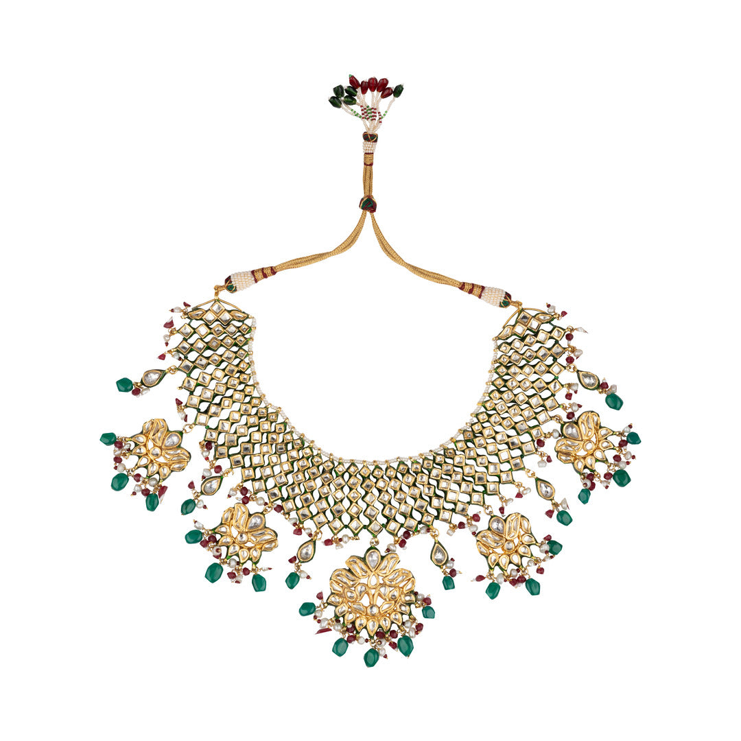 Gold Plated Meenakari Kundan with Bead Pendant Choker Necklace & Dangler Earrings Set - VN705