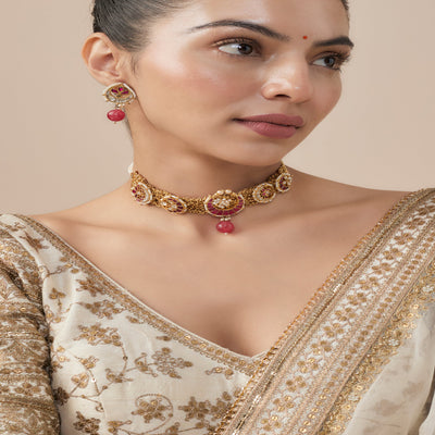 vivinia BY VIDHI MEHRA Morpankh Gold Plated Pink Womens Beaded Choker Necklace Set with  Pair of Earrings (Freesize)- VN802