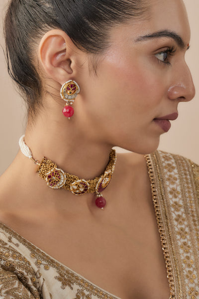 vivinia BY VIDHI MEHRA Morpankh Gold Plated Pink Womens Beaded Choker Necklace Set with  Pair of Earrings (Freesize)- VN802