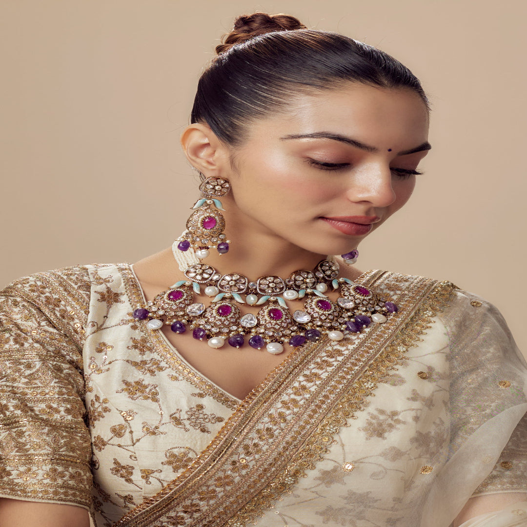 vivinia BY VIDHI MEHRA Florence Gold Plated Purple Womens Kundan, Polki Short Necklace Set with Pair of Earrings (Freesize) - VN821