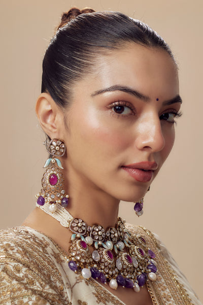 vivinia BY VIDHI MEHRA Florence Gold Plated Purple Womens Kundan, Polki Short Necklace Set with Pair of Earrings (Freesize) - VN821
