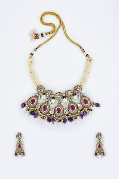 vivinia BY VIDHI MEHRA Florence Gold Plated Purple Womens Kundan, Polki Short Necklace Set with Pair of Earrings (Freesize) - VN821