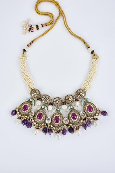 vivinia BY VIDHI MEHRA Florence Gold Plated Purple Womens Kundan, Polki Short Necklace Set with Pair of Earrings (Freesize) - VN821