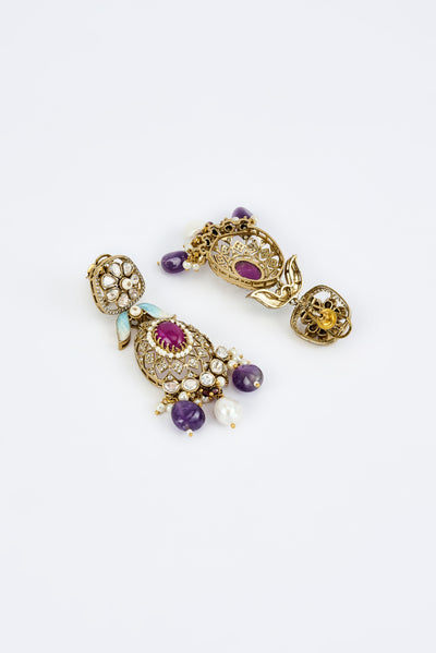 vivinia BY VIDHI MEHRA Florence Gold Plated Purple Womens Kundan, Polki Short Necklace Set with Pair of Earrings (Freesize) - VN821