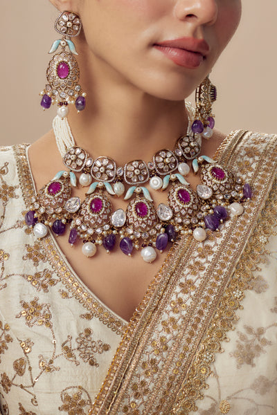 vivinia BY VIDHI MEHRA Florence Gold Plated Purple Womens Kundan, Polki Short Necklace Set with Pair of Earrings (Freesize) - VN821