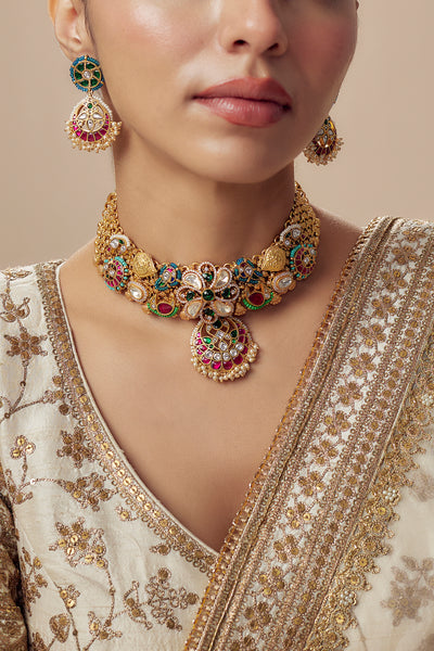 vivinia BY VIDHI MEHRA Morpankh Gold Plated Multi Womens Kundan, Polki Short Necklace Set with Pair of Earrings (Freesize) - VN835