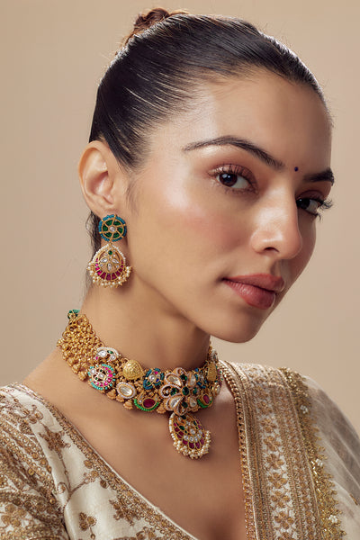 vivinia BY VIDHI MEHRA Morpankh Gold Plated Multi Womens Kundan, Polki Short Necklace Set with Pair of Earrings (Freesize) - VN835