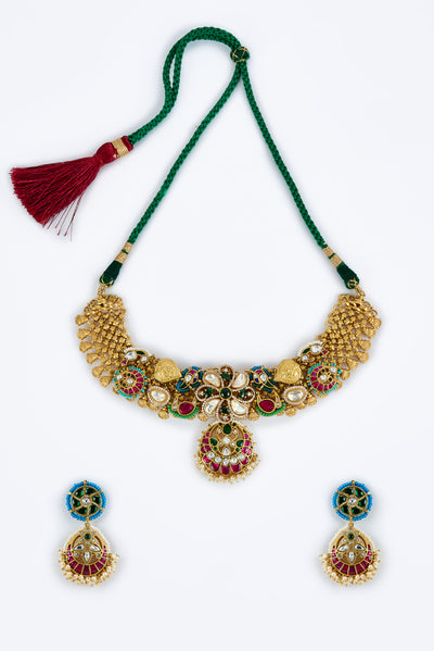 vivinia BY VIDHI MEHRA Morpankh Gold Plated Multi Womens Kundan, Polki Short Necklace Set with Pair of Earrings (Freesize) - VN835