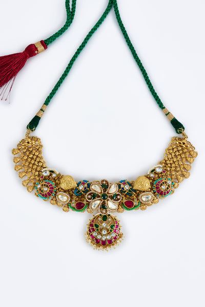 vivinia BY VIDHI MEHRA Morpankh Gold Plated Multi Womens Kundan, Polki Short Necklace Set with Pair of Earrings (Freesize) - VN835
