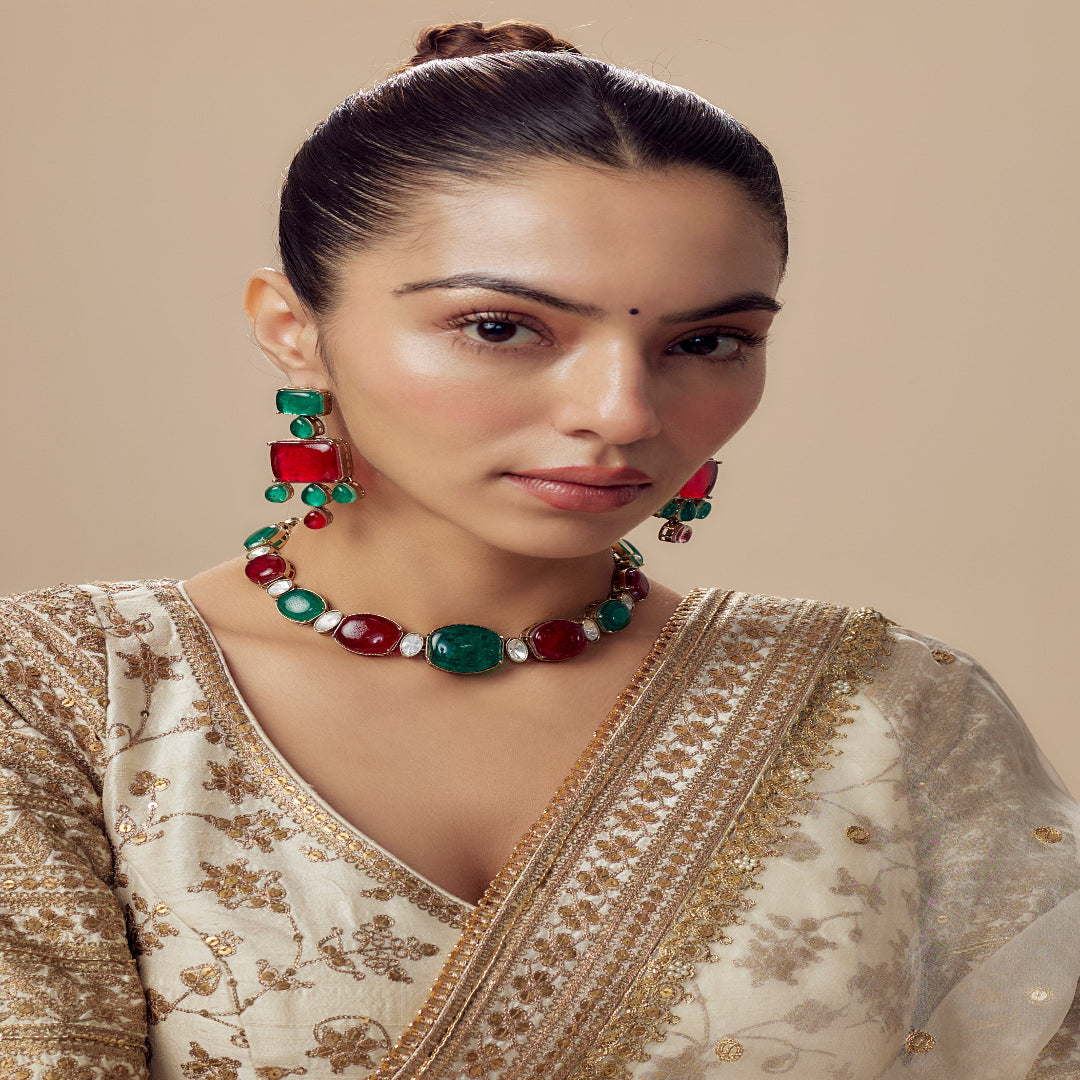 vivinia BY VIDHI MEHRA Florence Green & Red Red Womens Contemporary Choker Necklace Set with Pair of Earrings (Freesize) - VN852