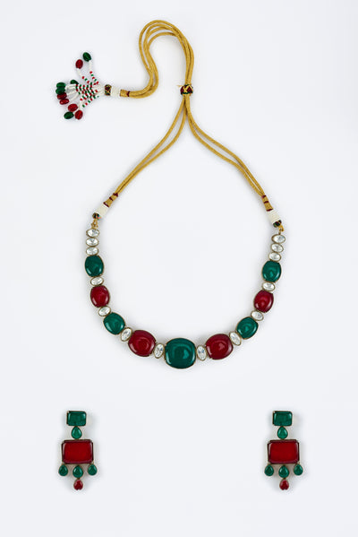 vivinia BY VIDHI MEHRA Florence Green & Red Red Womens Contemporary Choker Necklace Set with Pair of Earrings (Freesize) - VN852