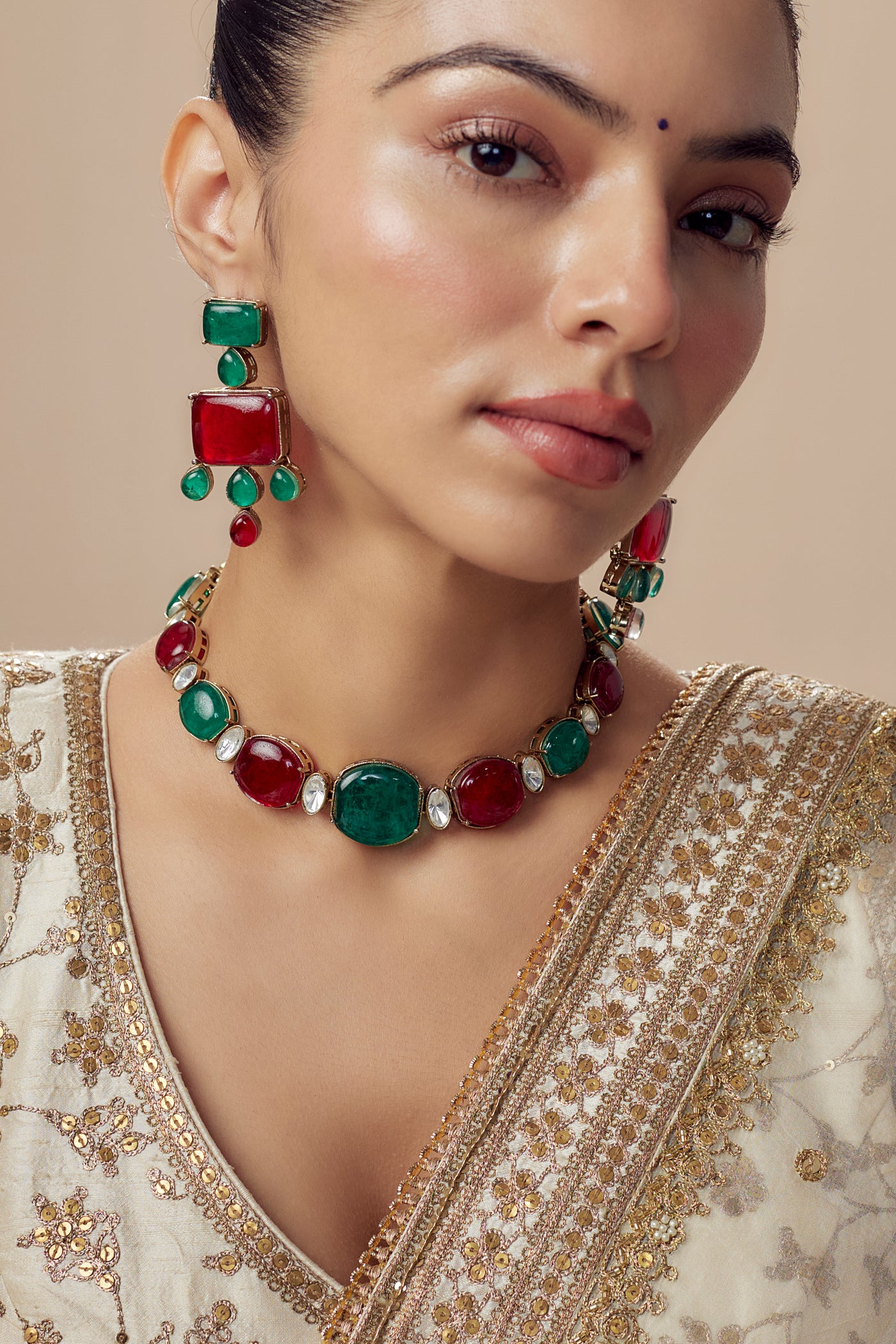 vivinia BY VIDHI MEHRA Florence Green & Red Red Womens Contemporary Choker Necklace Set with Pair of Earrings (Freesize) - VN852