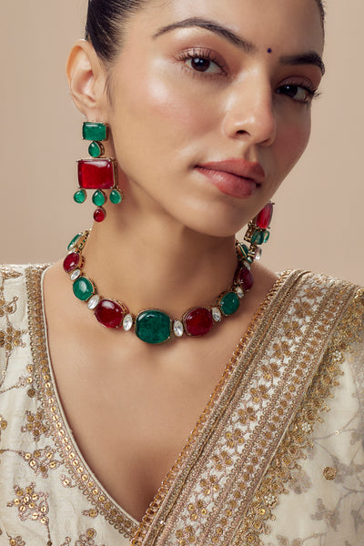 vivinia BY VIDHI MEHRA Florence Green & Red Red Womens Contemporary Choker Necklace Set with Pair of Earrings (Freesize) - VN852