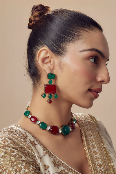 vivinia BY VIDHI MEHRA Florence Green & Red Red Womens Contemporary Choker Necklace Set with Pair of Earrings (Freesize) - VN852