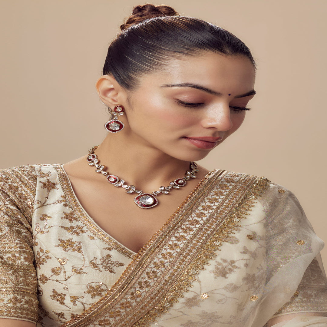 vivinia BY VIDHI MEHRA Burgandi Gold Plated Red Womens Kundan, Polki Short Necklace Set with Pair of Earrings (Freesize) - VN857