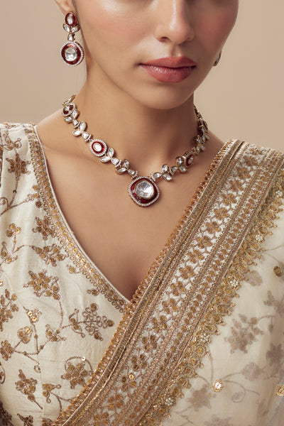 vivinia BY VIDHI MEHRA Burgandi Gold Plated Red Womens Kundan, Polki Short Necklace Set with Pair of Earrings (Freesize) - VN857