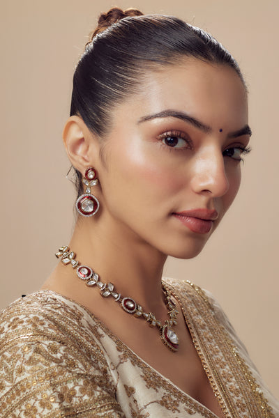 vivinia BY VIDHI MEHRA Burgandi Gold Plated Red Womens Kundan, Polki Short Necklace Set with Pair of Earrings (Freesize) - VN857
