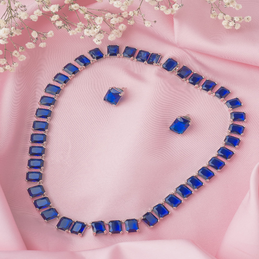Vivinia By Vidhi Mehra Silver Plated Blue Womens Short Necklace Set with Pair of Earrings - VN873
