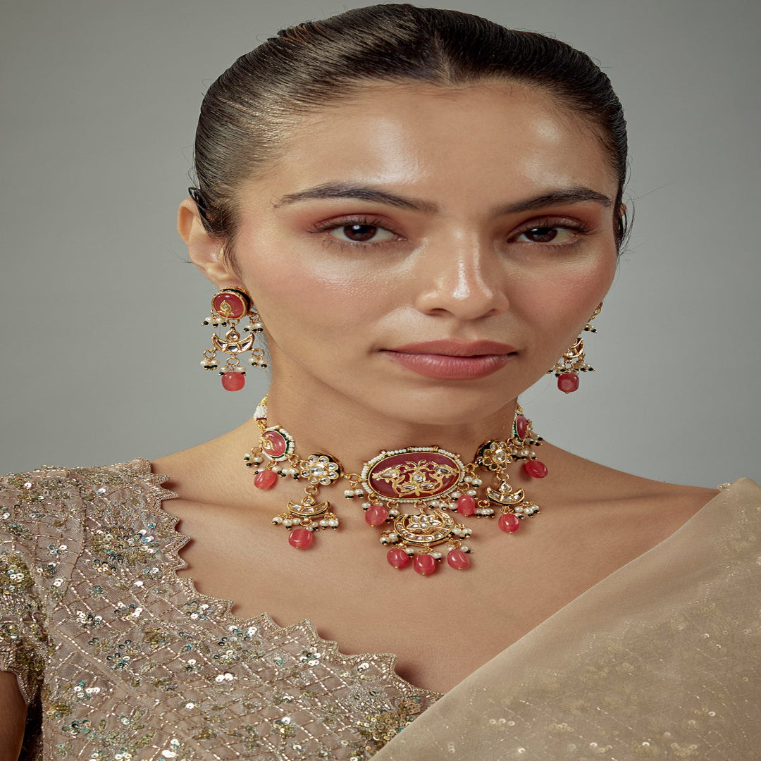 vivinia BY VIDHI MEHRA Saadgi Gold Plated Pink Kundan, Polki Womens Choker Necklace Set with Pair of Earrings (Freesize) - VN888