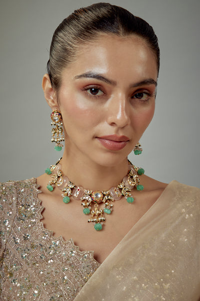 Vivinia By Vidhi Mehra Saadgi Gold Plated Green Kundan, Polki Womens Short Necklace Set with Pair of Earrings (Freesize) - VN890