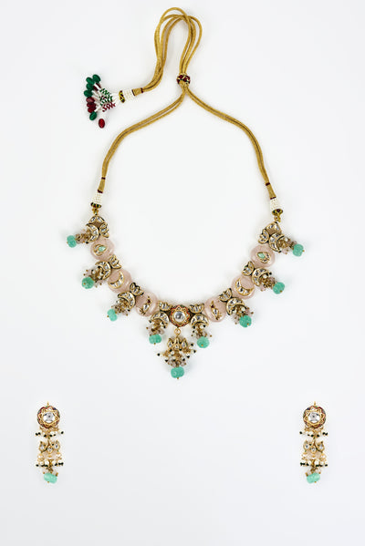 Vivinia By Vidhi Mehra Saadgi Gold Plated Green Kundan, Polki Womens Short Necklace Set with Pair of Earrings (Freesize) - VN890