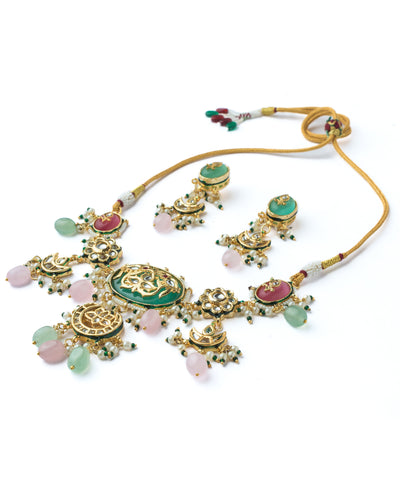 Vivinia By Vidhi Mehra Gold Plated Multicolored Womens Short Necklace Set with Pair of Earrings - VN891
