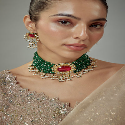 vivinia BY VIDHI MEHRA Saadgi Gold Plated Green Beaded Womens Choker Necklace Set with Pair of Earrings (Free size) - VN899