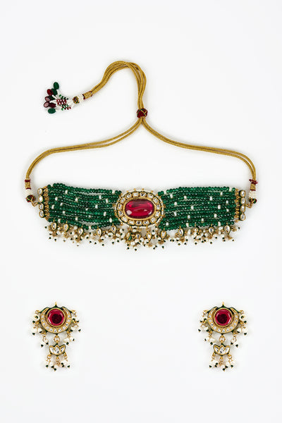 vivinia BY VIDHI MEHRA Saadgi Gold Plated Green Beaded Womens Choker Necklace Set with Pair of Earrings (Free size) - VN899