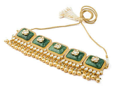 Vivinia By Vidhi Mehra Saadgi Gold Plated Green Womens Temple Choker Necklace Set with 2 Pair of Earrings (Freesize) - VN920