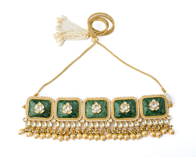 Vivinia By Vidhi Mehra Saadgi Gold Plated Green Womens Temple Choker Necklace Set with 2 Pair of Earrings (Freesize) - VN920