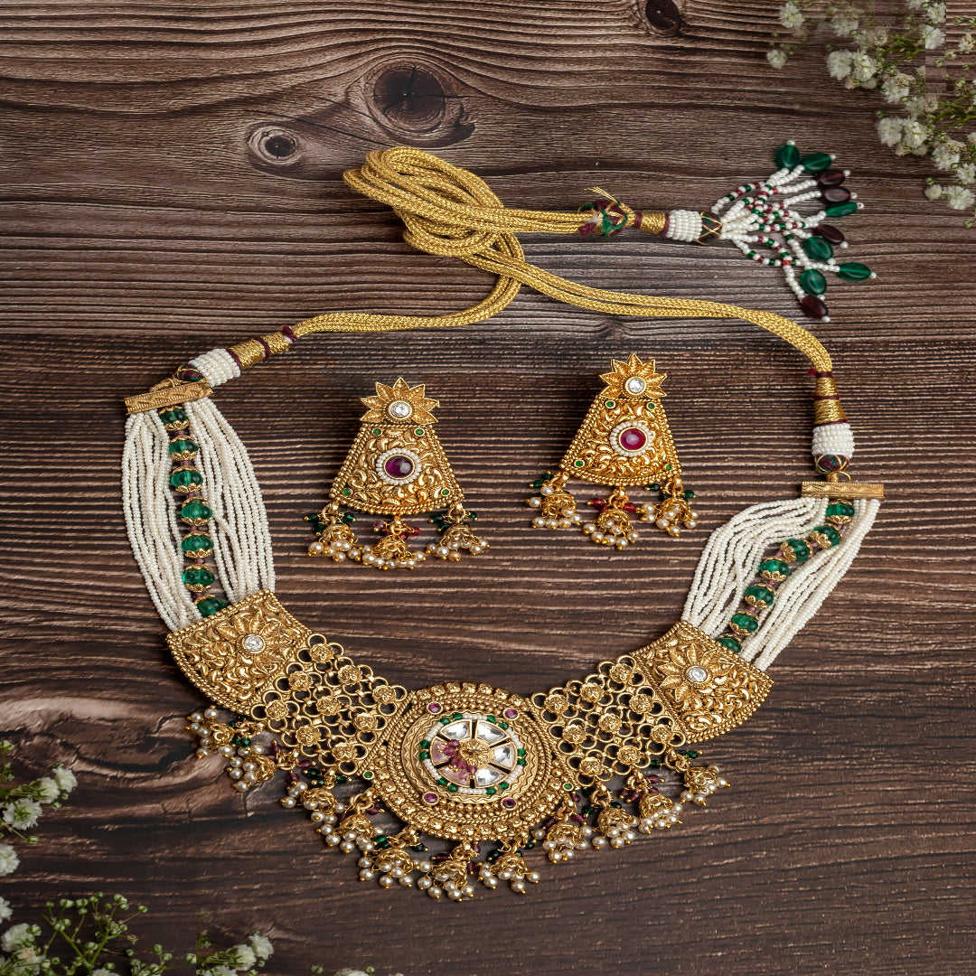 vivinia BY VIDHI MEHRA ISMAARH 2.0 Gold/Green/White Choker Necklace Set with Pair of Earrings-VN948