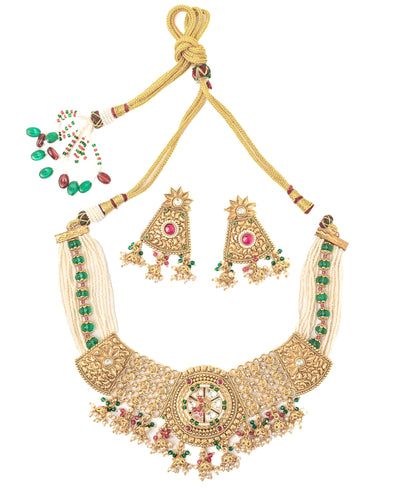 vivinia BY VIDHI MEHRA ISMAARH 2.0 Gold/Green/White Choker Necklace Set with Pair of Earrings-VN948