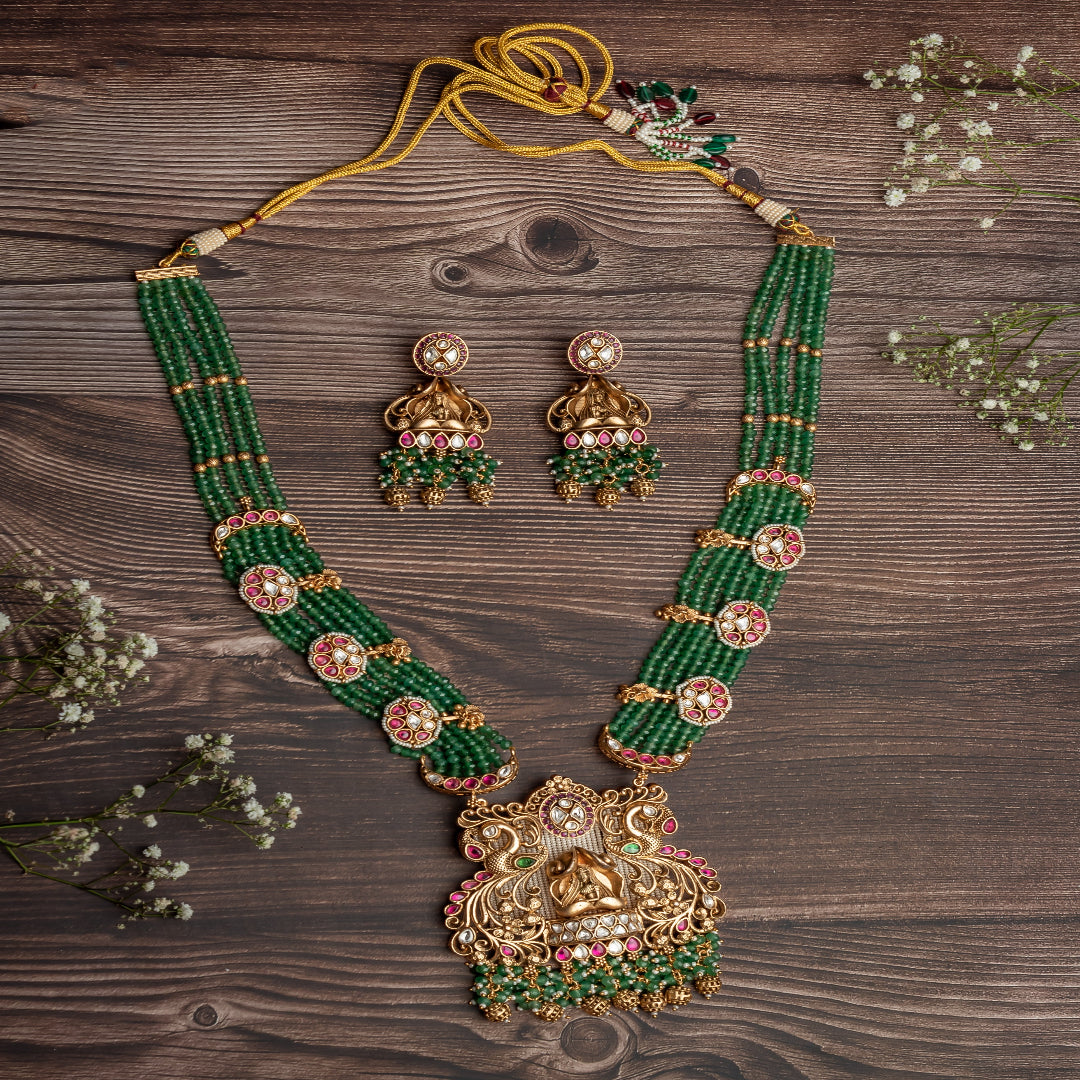 vivinia BY VIDHI MEHRA ISMAARH 2.0 Gold/Green Long Necklace Set with Pair of Earrings-VN954